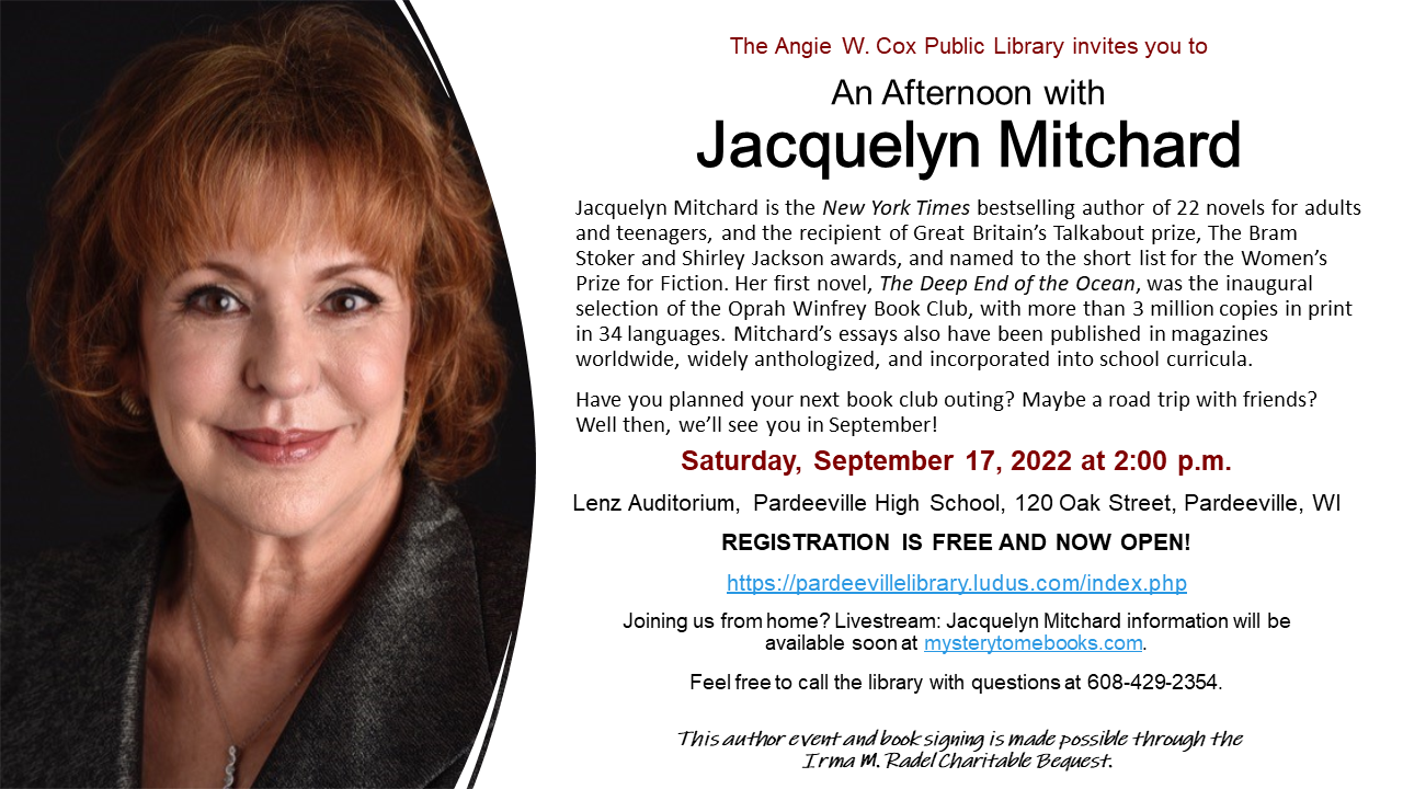 An Afternoon with Jacquelyn Mitchard with photo and date/information.