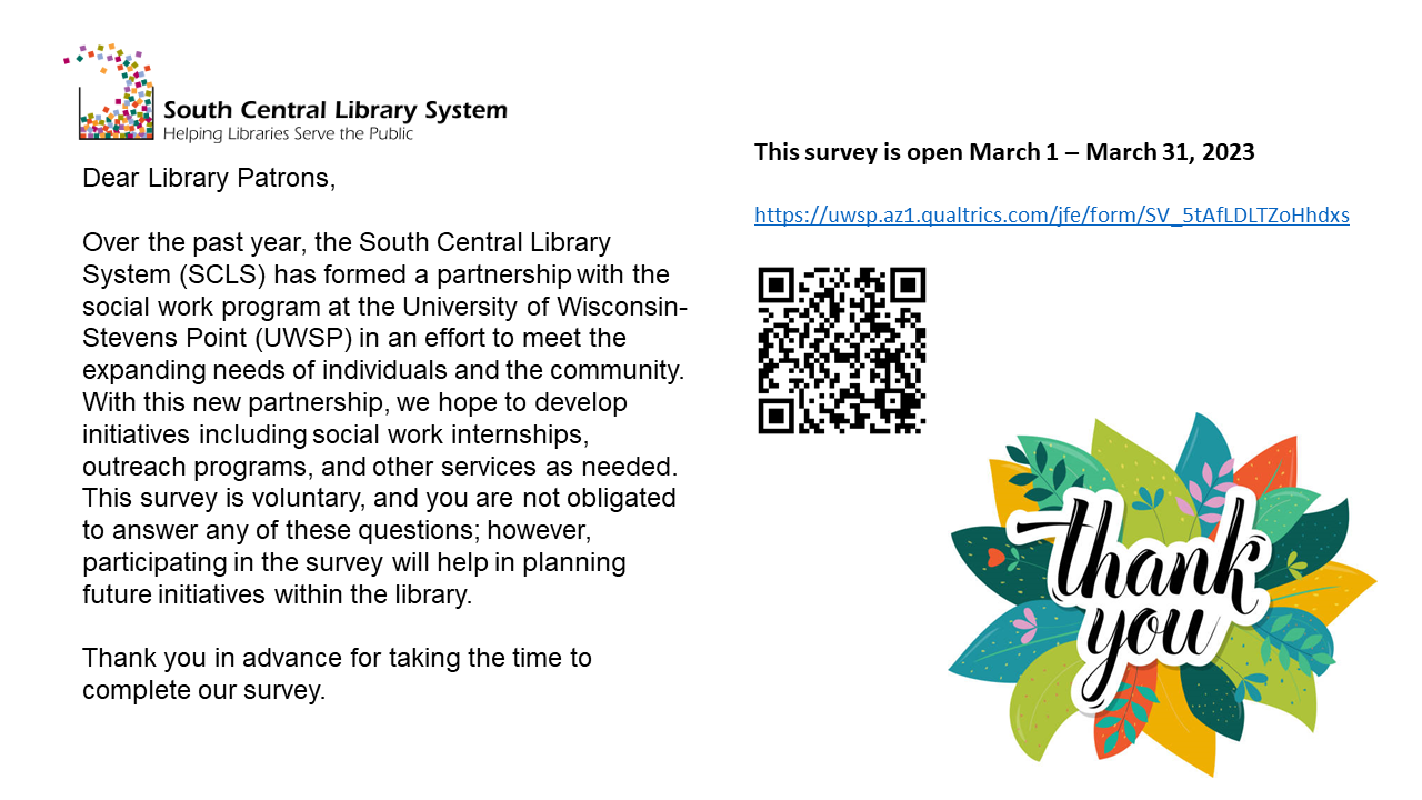 Image of SCLS logo and link with QR code to access survey.